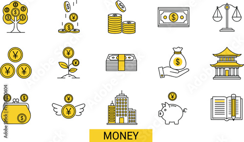 Set of money and finance line icons including coins banknotes piggy bank wallet bank building savings tree investment and accounting symbols in yellow outline style