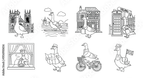 A collection of whimsical line drawings featuring geese and british landmarks