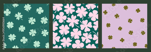 Fotografie Simple four leaf clover seamless pattern set in green, pink and violet colors for St
