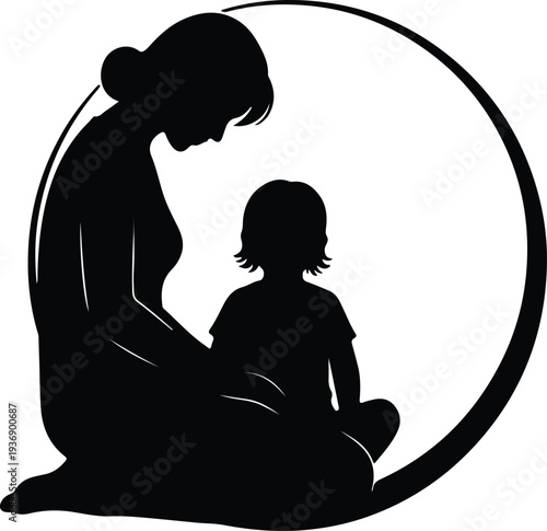 Vector caring mother and child bonding together within a circular frame silhouette design
