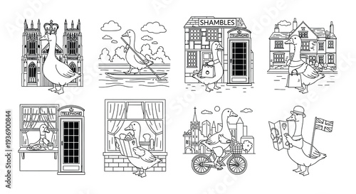 A collection of whimsical line drawings featuring geese and british landmarks