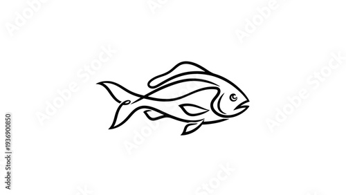 Minimalist Line Art Fish Icon: Simple Black and White Aquatic Animal Design