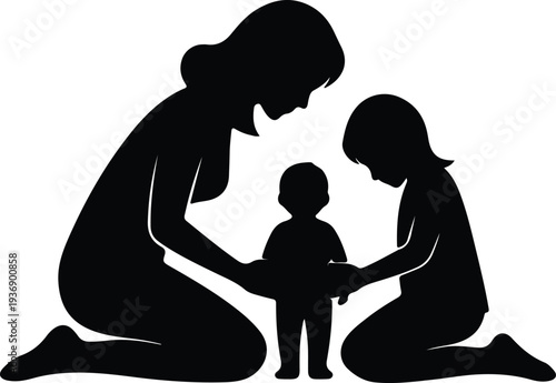 Vector loving mother and children nurturing baby together family silhouette design