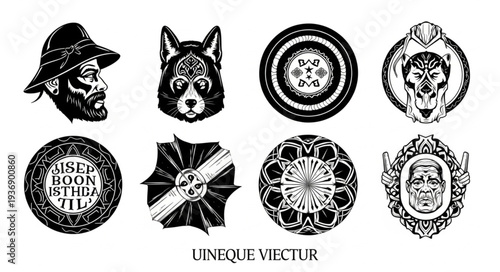 Intricate black and white illustrations of various gothic and medieval symbols.