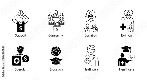 Set of financial, community, donation, healthcare, and education outline icons on white background