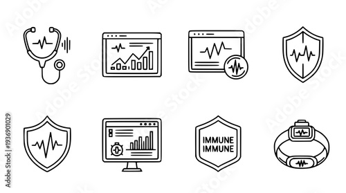 Digital Health Technology and Medical Monitoring Line Icons Set with Data Analysis and Immune System Concepts