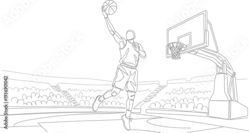 Artistic minimalist continuous line drawing showcasing a dynamic basketball player mid-air attempting to score a point in a game.