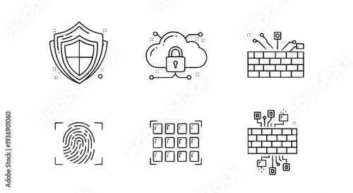 Set of security icons including shield, cloud with lock, firewall, fingerprint, data grid, and firewall with network connection