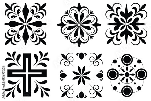 Set hand drawing decorative mandala elements, featuring intricate circular patterns, ornamental designs, and vector illustrations