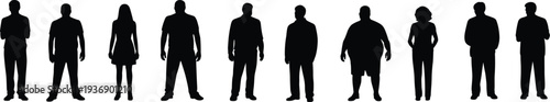 People silhouette collection with diverse men and women standing figures, human characters crowd vector illustration set for design
