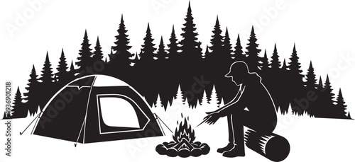 Forest Camping Scene with Tent and Campfire Silhouette – Outdoor Adventure Night Camp Concept, Perfect for Travel Posters and Nature Tourism Designs