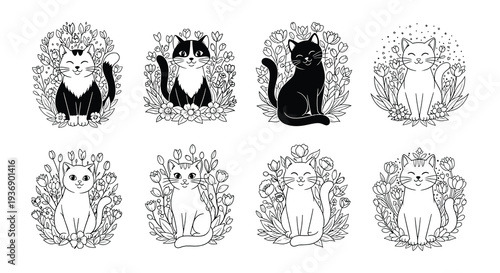 Collection of monochrome cat portraits surrounded by floral designs