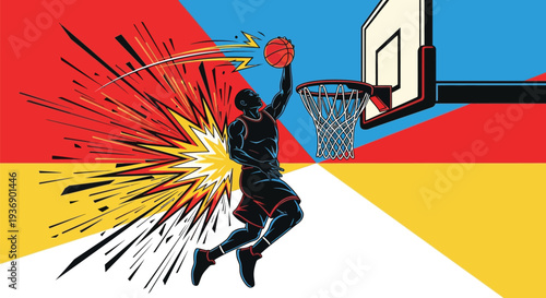 Dynamic illustration of a basketball player executing a powerful slam dunk with explosive energy and vibrant geometric background in a comic style.