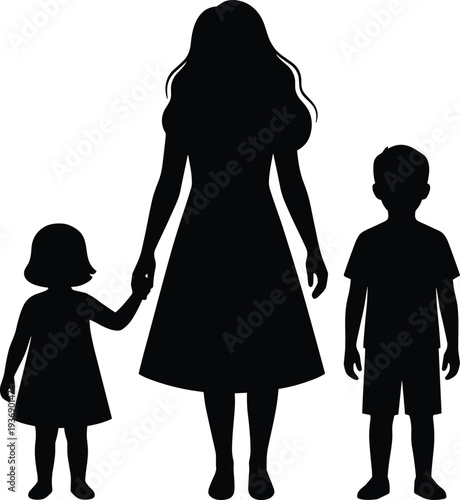 Mother with two children silhouette, family bonding concept, parent with son and daughter, motherhood care, parenting love, minimal black silhouette illustration