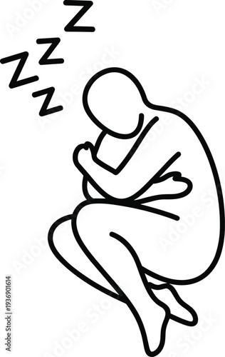 Sleeping person line icon with Z symbols, curled human figure resting peacefully isolated on white background for sleep, rest, bedtime and relaxation concept