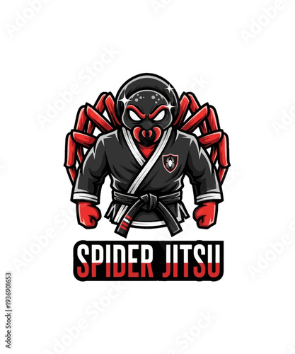 Ferocious stylized vector illustration of a spider mascot wearing a black martial arts gi with red accents.