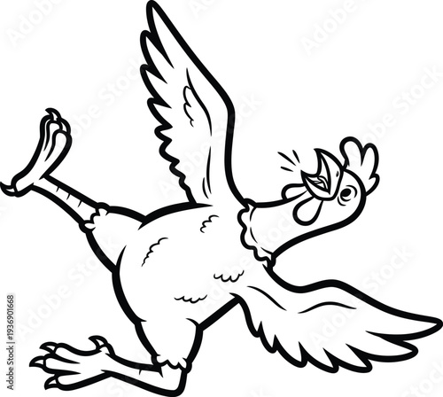 Detailed black and white line art illustration of a cartoon chicken frantically running or flying with its wings spread wide in alarm.