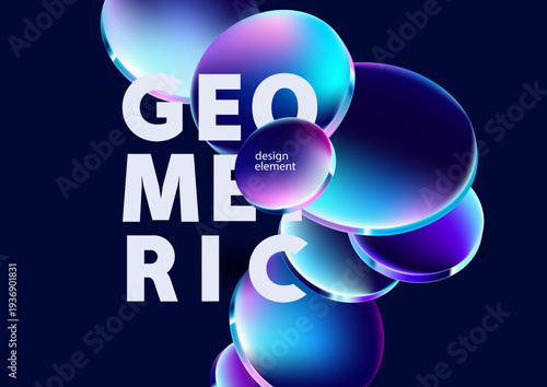 3D glass circle and ovals. Abstract poster design  of liquid glass geometric shapes.