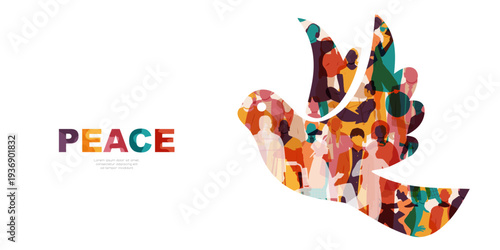 Peace banner. Silhouettes of different people in shape of dove.