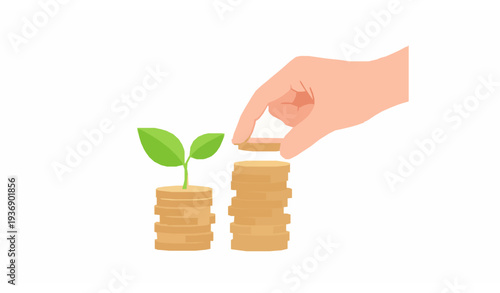 Hand placing coin on stack with growing plant symbolizing savings investment financial planning and economic growth vector