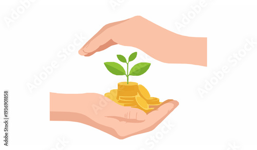 Hands protecting coin pile with growing plant representing investment protection financial growth and sustainable wealth concept