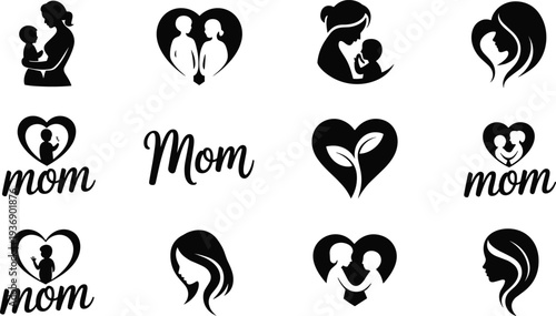 Motherhood love icon collection, mom and child silhouettes with heart symbols, maternal care concept, family bonding, minimal black vector set