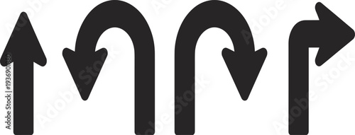 Directional arrow set with straight, U-turn, and right turn icons, black navigation signs vector illustration design
