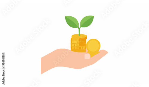 Human hand holding coin stack with growing plant symbolizing financial growth investment savings and business prosperity vector illustration