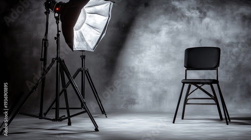 Wallpaper Mural A studio setup featuring a softbox light beside a simple black chair against a textured background Torontodigital.ca