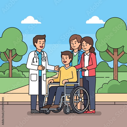 Doctor With Wheelchair Patient And Family In Park
