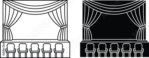 Theater stage with curtains and audience seats illustration, classic performance venue scene with open drapes isolated on white background for entertainment design