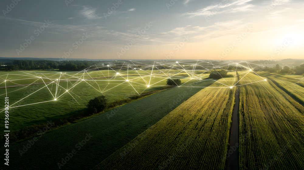 Obraz premium Smart Agriculture Field with Wireless Sensor Network and Large Copy Space for ESG Reports