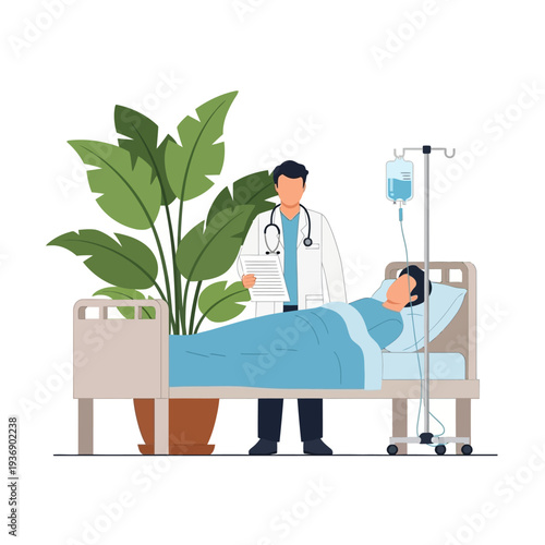 Doctor with patient in hospital bed, medical care, recovery, and healthy lifestyle