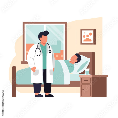 Doctor with patient in hospital room, medical care, healthcare concept