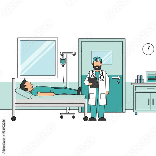 Doctor with patient in hospital room, medical care, healthcare, treatment, recovery, clinic interior