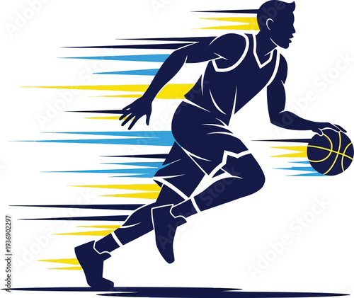 Stylized graphic illustration depicts a basketball player aggressively dribbling the ball while running at high speed