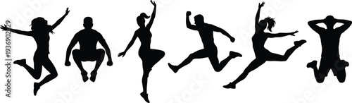 Group of happy people jumping in air, silhouette set featuring men and women in energetic, athletic, dancing, and joyful poses.