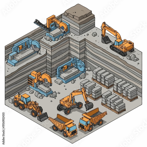 Isometric illustration of a large-scale quarry operation with heavy machinery.