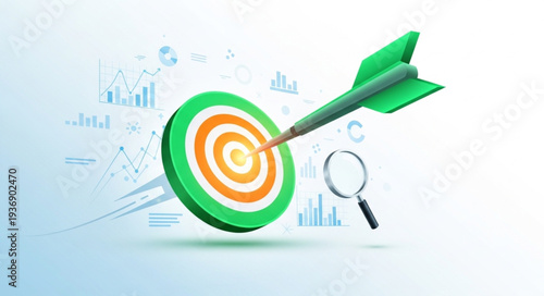 Green and orange dart hitting a target with magnifying glass.