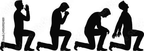 Kneeling man silhouette set in various prayer and reflection poses, including worship, meditation, deep thinking, and emotional praise, isolated on white.