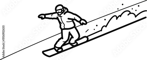 Stylized black and white outline drawing depicting a snowboarder carving gracefully down a steep snowy slope