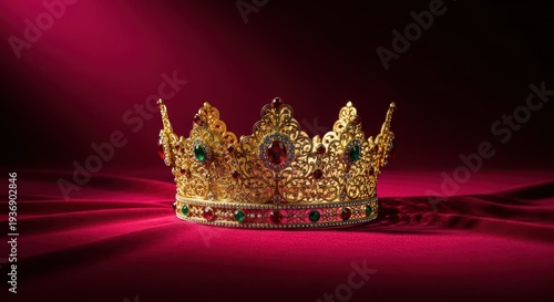 Ornate gilded crown resting on luxurious deep crimson velvet, highlighting ancient power and aristocratic vintage elegance, wealth, imperial, ancient