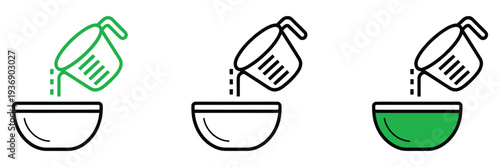 Set line measuring cup icon showing liquid being poured into a bowl, plastic graduated beaker with handle, vector illustration