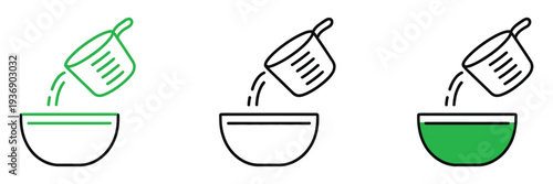 Set line measuring cup pouring liquid into bowl icon isolated on white background, plastic graduated beaker with handle, vector illustration