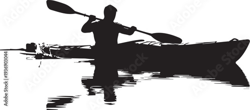 Kayaker Paddling on Calm Water Silhouette – Outdoor Water Sport and Adventure Travel Concept, Ideal for Recreation Branding and Nature Tourism