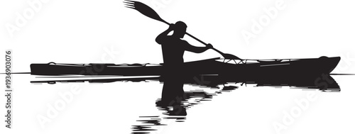 Kayaker Paddling on Calm Water Silhouette – Outdoor Water Sport and Adventure Travel Concept, Ideal for Recreation Branding and Nature Tourism