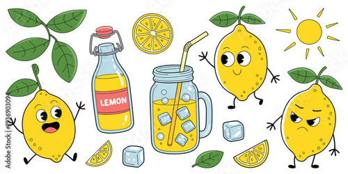 Cute lemon character and lemonade vector set featuring bottles, jars, ice cubes, and citrus illustrations, perfect for summer designs, drink packaging, posters, and creative beverage-themed projects.
