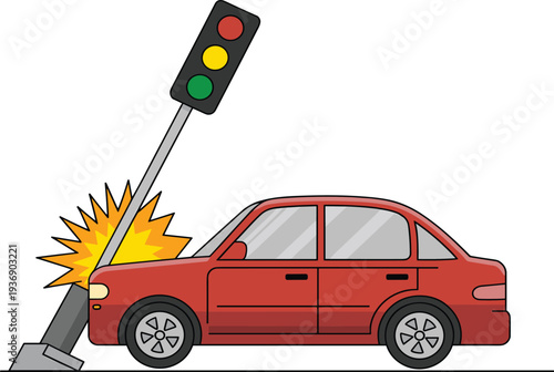 Red car hitting traffic light pole accident concept, vehicle crash road safety vector illustration