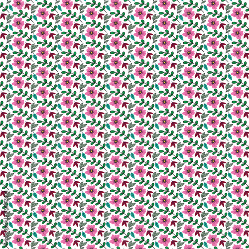 Small pink flowers and green leaves pattern on white background texture
