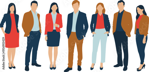 Flat vector illustration of a professional business team standing together in confident poses and walking with briefcases in stylish formal office attire on white.